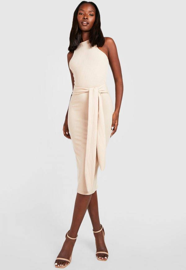 boohoo Geribbelde Midi Jurk Met Racer Hals En Strik, Stone