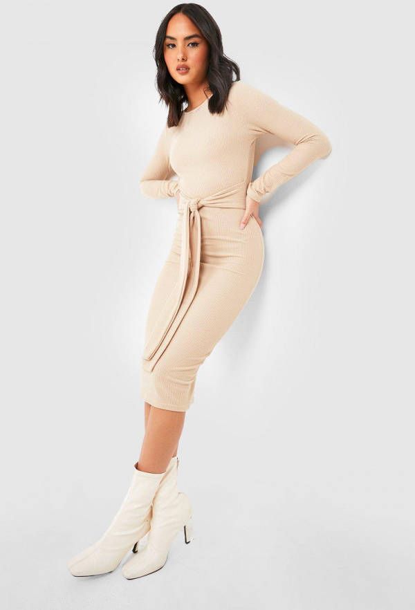 boohoo Geribbelde Midi Jurk Met Racer Hals En Strik, Stone