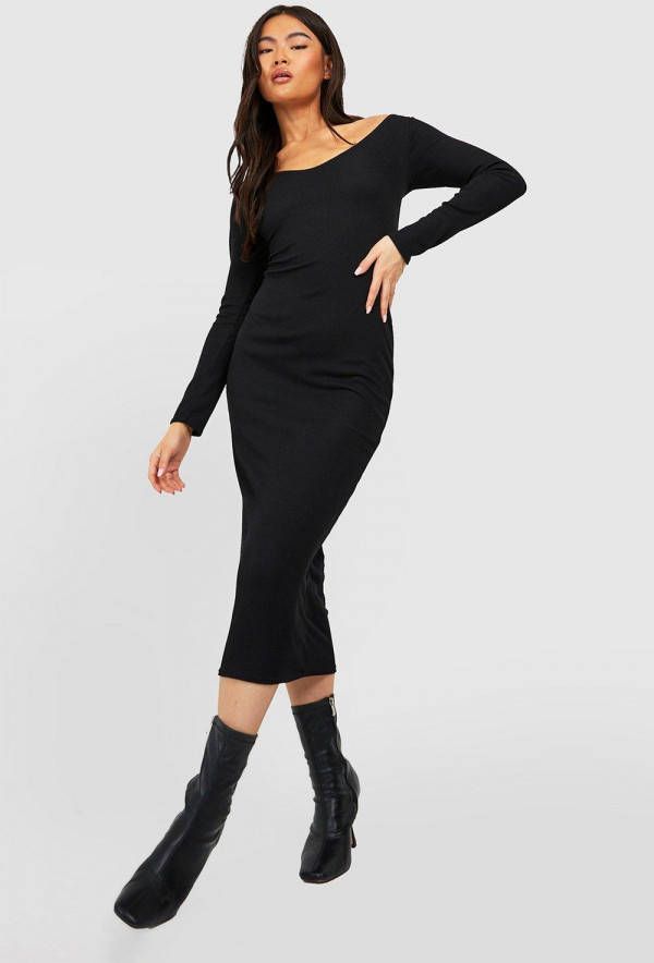 boohoo Geribbelde Off Shoulder Contour Midaxi Jurk, Black