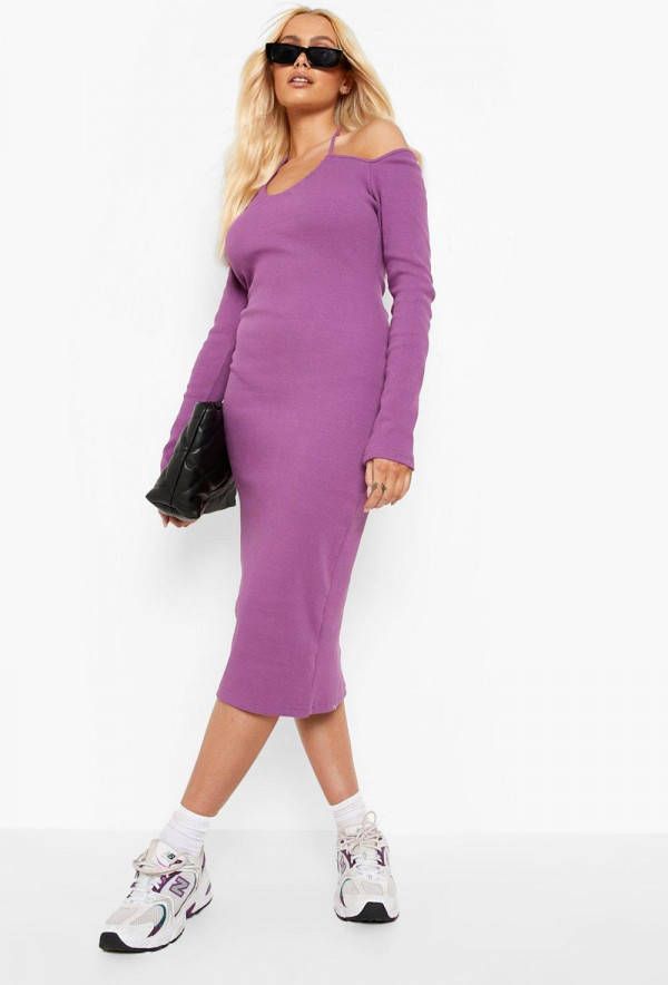 boohoo Geribbelde Premium Midi Jurk Met Halterneck, Violet