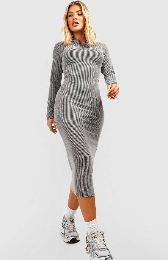 boohoo Geribbelde Two Tone Midi Jurk Met Korte Rits, Charcoal