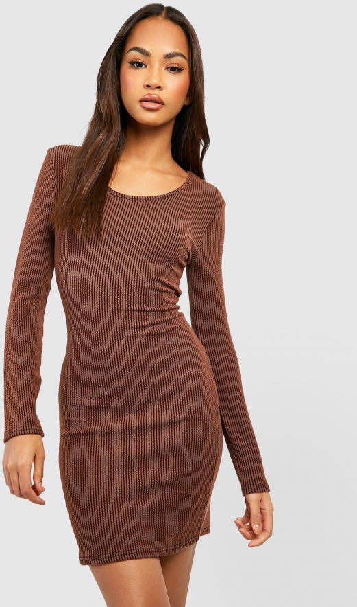 boohoo Geribbelde Two Tone Midi Jurk Met Lage Ronde Hals, Chocolate