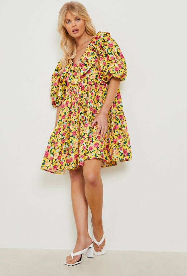 boohoo Gesmokte Bloemen Mini Jurk Met Franjes, Yellow