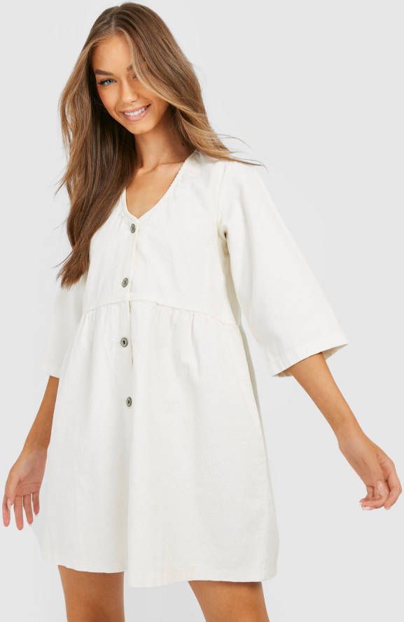 boohoo Gesmokte Corduroy Jurk Met Knopen, Ecru