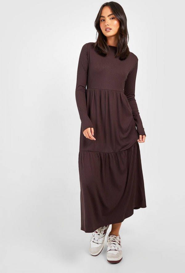 boohoo Gesmokte Geribbelde Midaxi Jurk, Chocolate