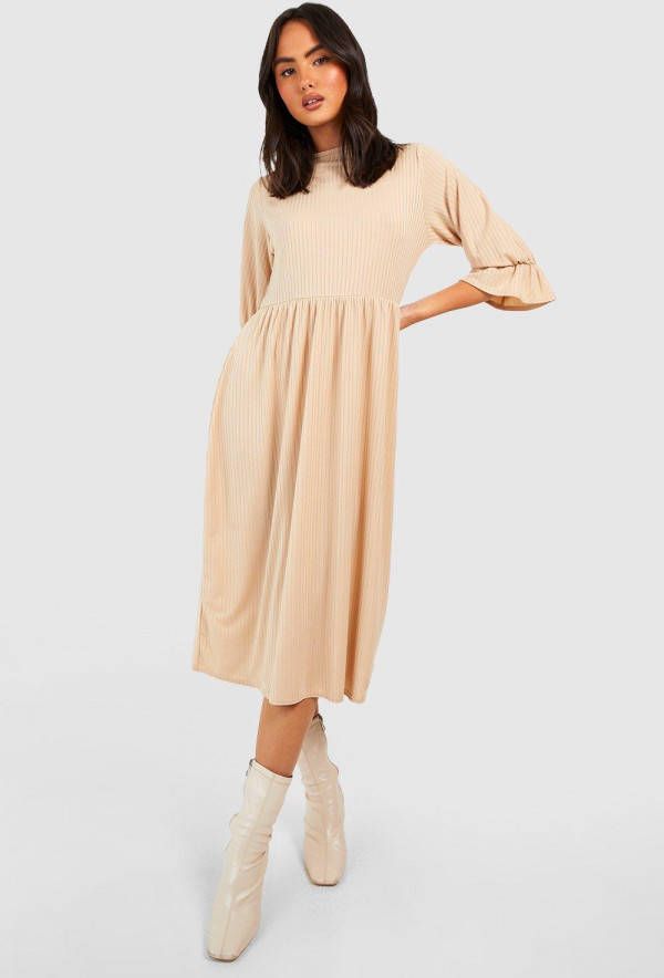 boohoo Gesmokte Geribbelde Midi Jurk Met Ruches, Stone