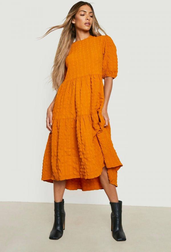boohoo Gesmokte Jurk Met Textuur, Pofmouwen En Laagjes, Mustard