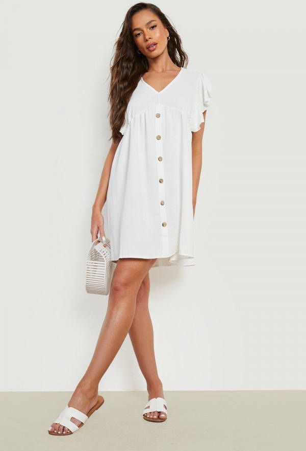 boohoo Gesmokte Linnen Look Jurk Met Knoop Detail, White