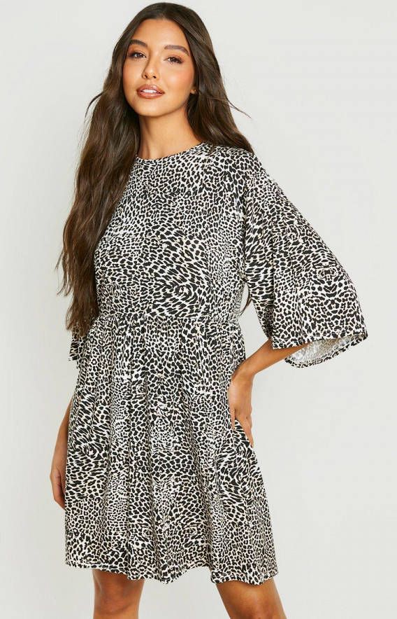 boohoo Gesmokte Luipaardprint Jurk Met Vleermuismouwen, Brown