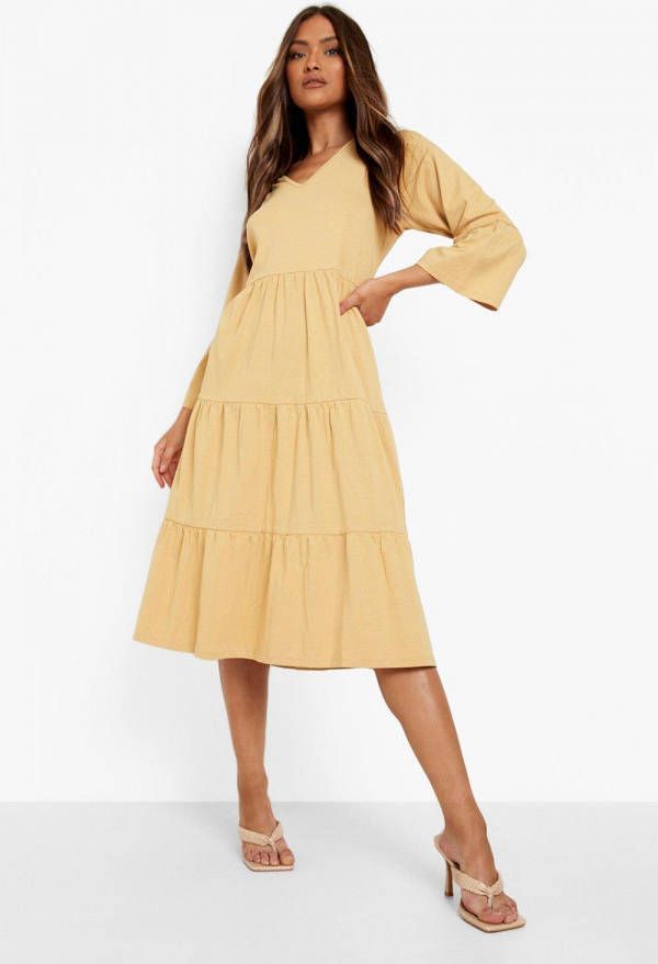 boohoo Gesmokte Midi Jurk Met Wijde Mouwen, Camel