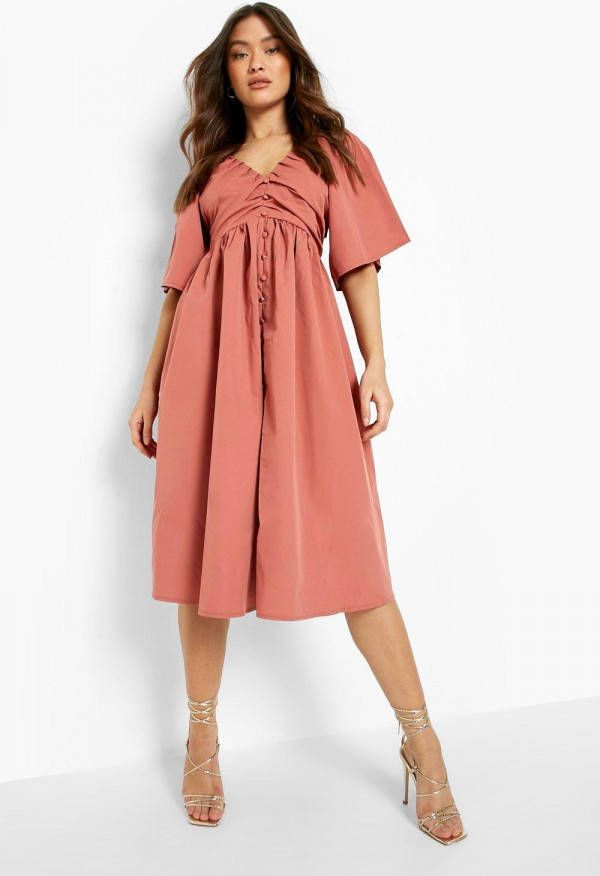 boohoo Gesmokte Poplin Midi Jurk Met Knopen, Rose