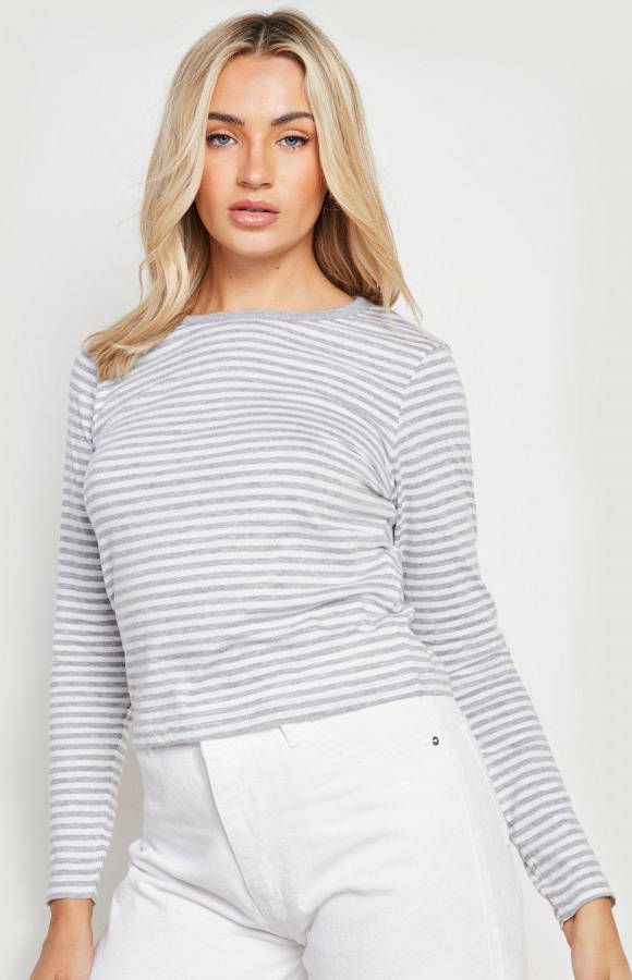 boohoo Gestreept T Shirt Met Crewneck En Lange Mouwen, Grey Marl