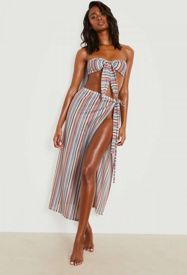 boohoo Gestreepte Gebreide Bandeau Top En Rok Strand Set, Red