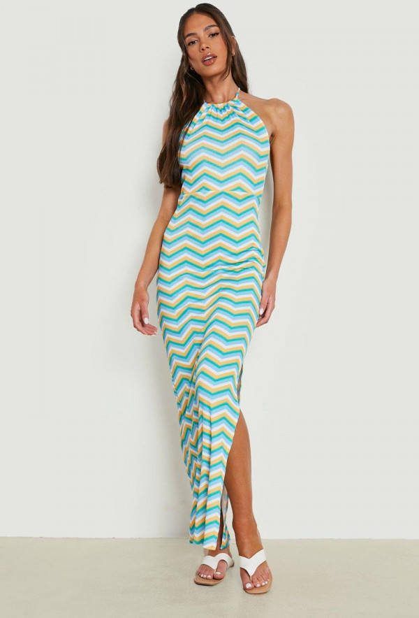 boohoo Gestreepte Geribbelde Halter Maxi Jurk, Blue