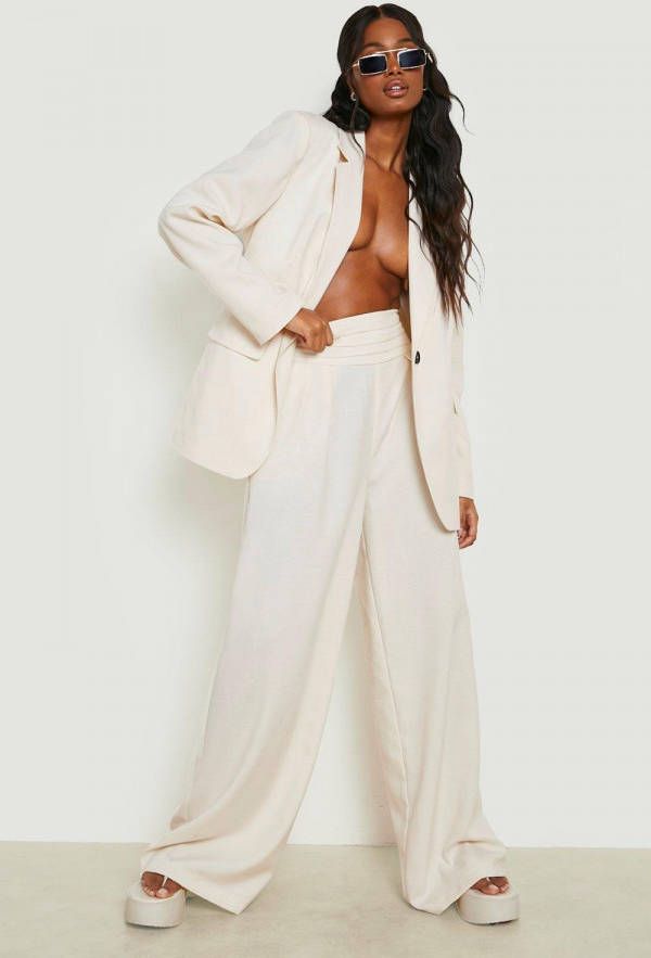 boohoo Getailleerde Linnen Look Blazer Met Textuur, Cream