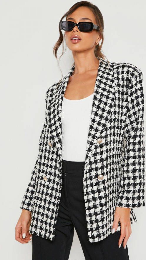 boohoo Getailleerde Premium Boucl&#xE9, Dogtooth Blazer, Black