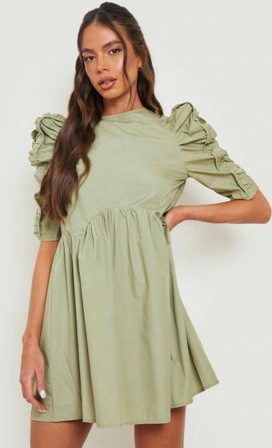 boohoo Geweven Gesmokte Jurk Met Pofmouwen, Washed Khaki