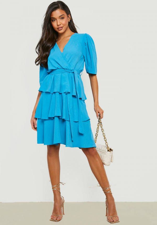 boohoo Geweven Skater Jurk Met Pofmouwen, Blue