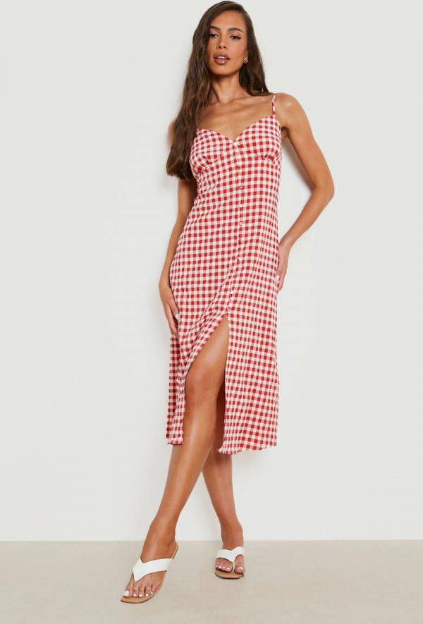 boohoo Gingham Midi Skater Jurk Met Bandjes En Rug Strik, Red