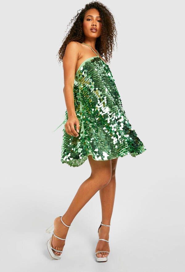 boohoo Glitter Halter Swing Jurk Met Pailletten, Mint