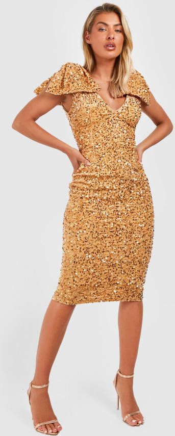 boohoo Glitter Midi Jurk Met Pailletten En Schouderstrik, Gold