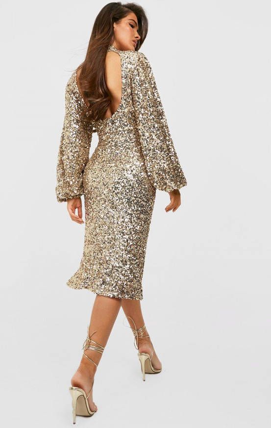 boohoo Glitter Midi Jurk Met Pailletten En Shirtmouwen, Gold