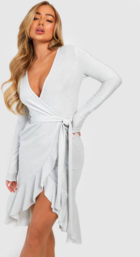 boohoo Glitter Midi Skater Wikkel Jurk Met Ruches, Silver