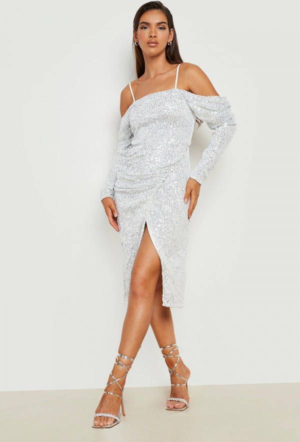 boohoo Glitter Midi Wikkel Jurk Met Pailletten En Open Schouders, Silver