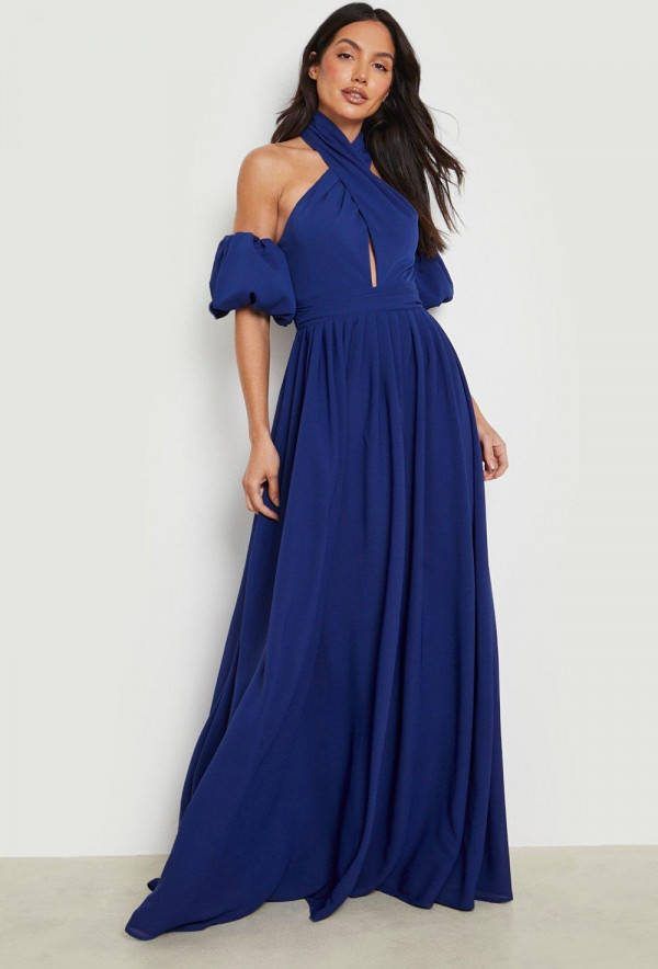 boohoo Halter Maxi Jurk Met Pofmouwen, Navy