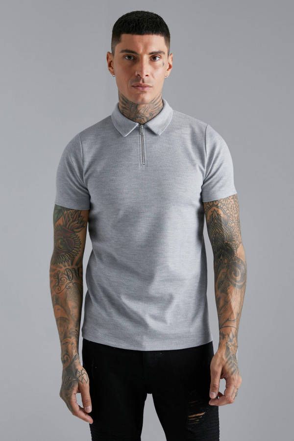 boohoo Jacquard Slim Fit Polo Met Hals Rits, Light Grey