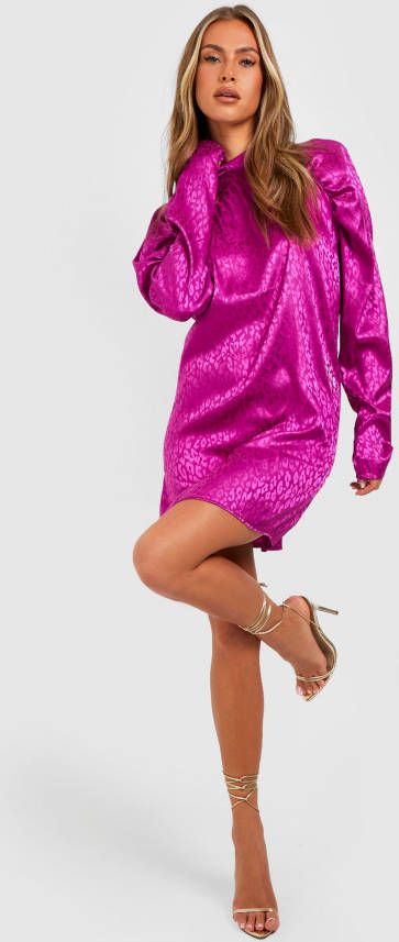 boohoo Jaquard Satijnen Mini Jurk Met Pofmouwen, Purple