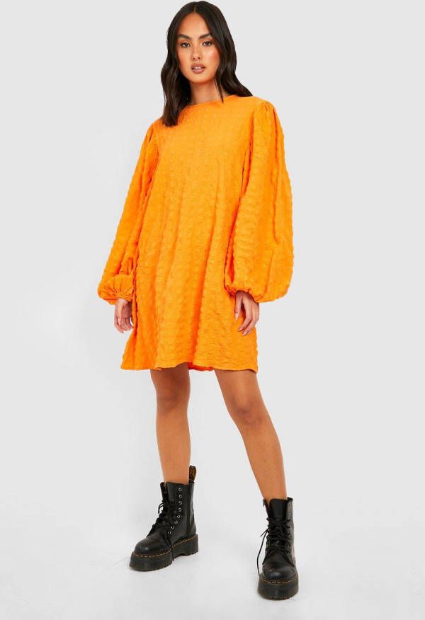 boohoo Jurk Met Textuur En Lange Mouwen, Orange