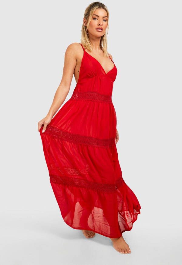 boohoo Kanten Chiffon Maxi Strand Jurk Met Laagjes En Laag Decolleté,, Red