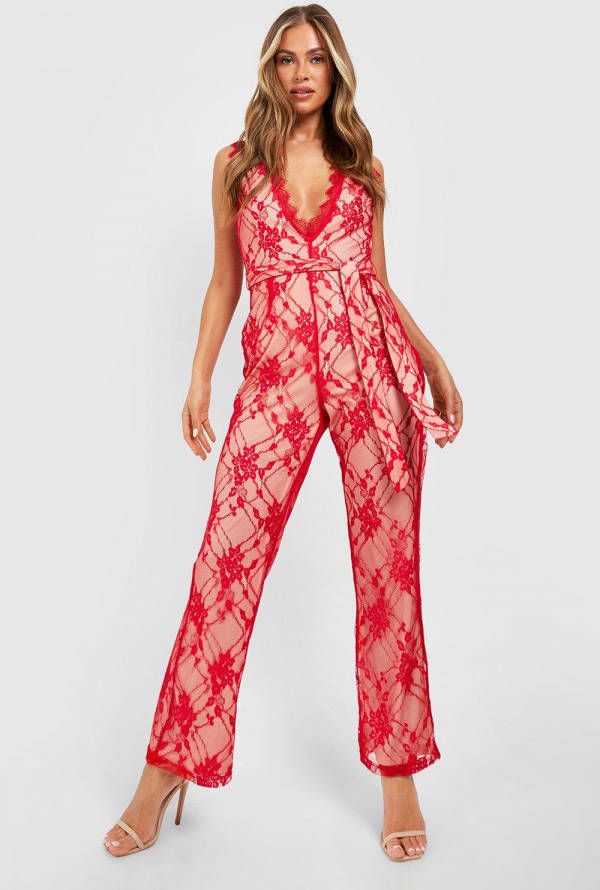 boohoo Kanten Jumpsuit Met Laag Decollet&#xE9,, Strik En Rechte Pijpen, Red