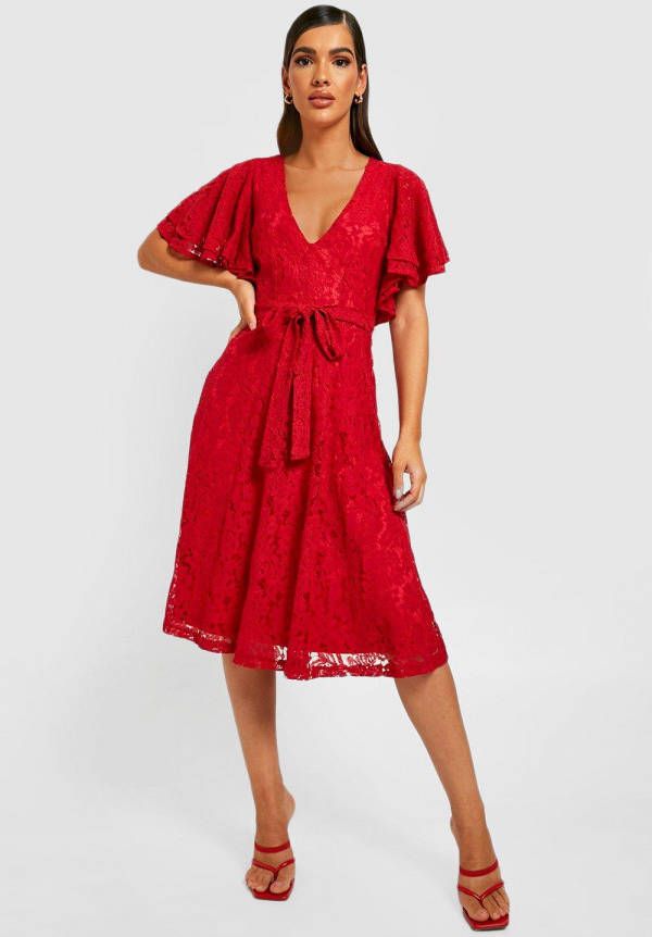 boohoo Kanten Midi Jurk Met Engelenmouwen, Red