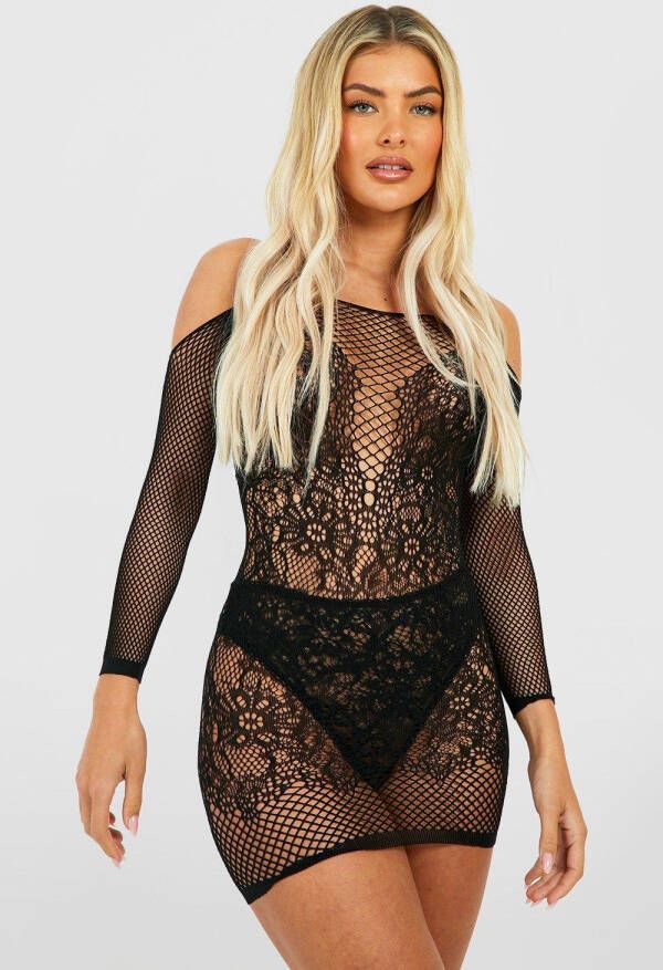 boohoo Kanten Valentijns Bodystocking Jurk, Black