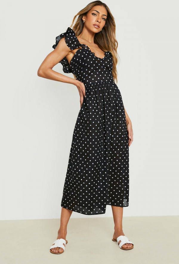 boohoo Katoenen Midi Jurk Met Stippen, Black