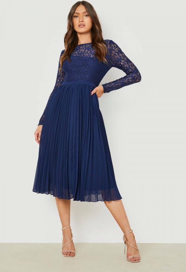 boohoo Geplooide Kanten Midi Jurk, Navy