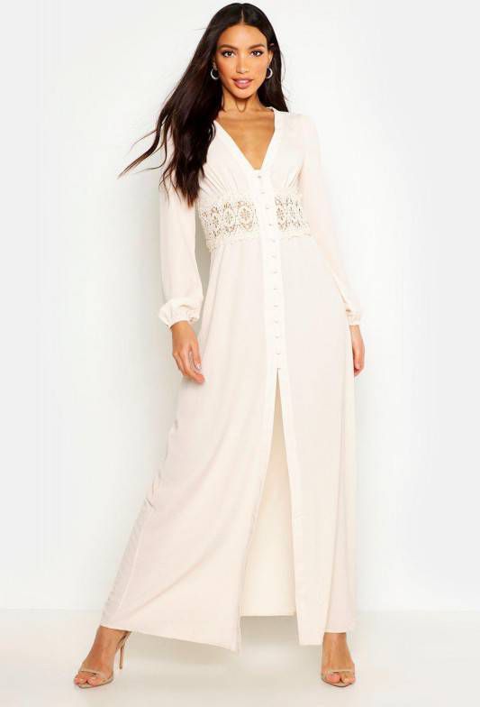 boohoo Maxi Jurk Met Kanten Middel En Knopen, Ecru