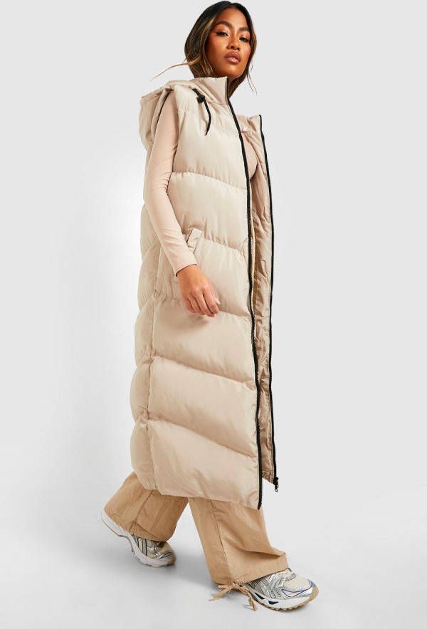 boohoo Lange Bodywarmer Met Capuchon, Stone