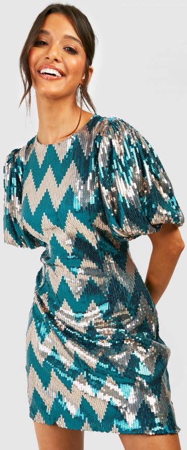 boohoo Loshangende Zig Zag Glitter Jurk Met Pofmouwen En Pailletten, Gold