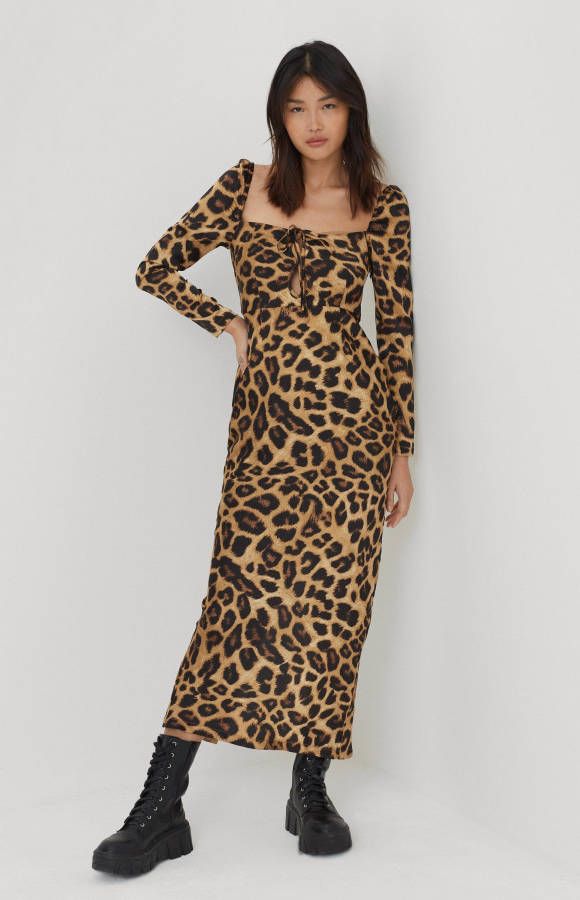 boohoo Luipaardprint Midi Jurk Met Vierkante Hals, Brown