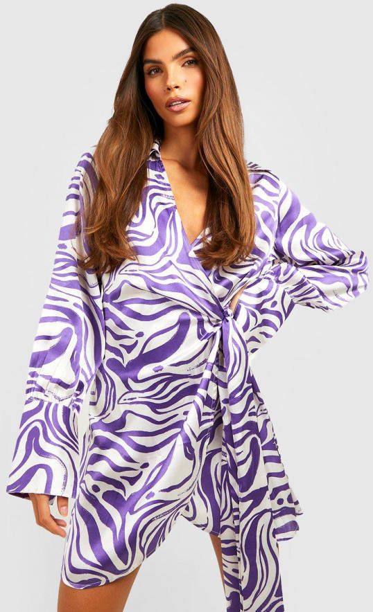 boohoo Marmerprint Blouse Jurk Met Strik, Purple