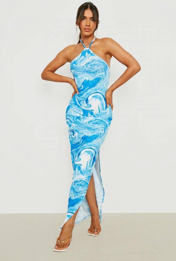 boohoo Marmerprint Halter Maxi Jurk Met Zijsplit, Blue