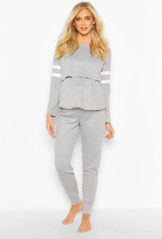 boohoo Zwangerschaps Gestreepte Borstvoeding Lounge Set, Grijs Gemê, leerd