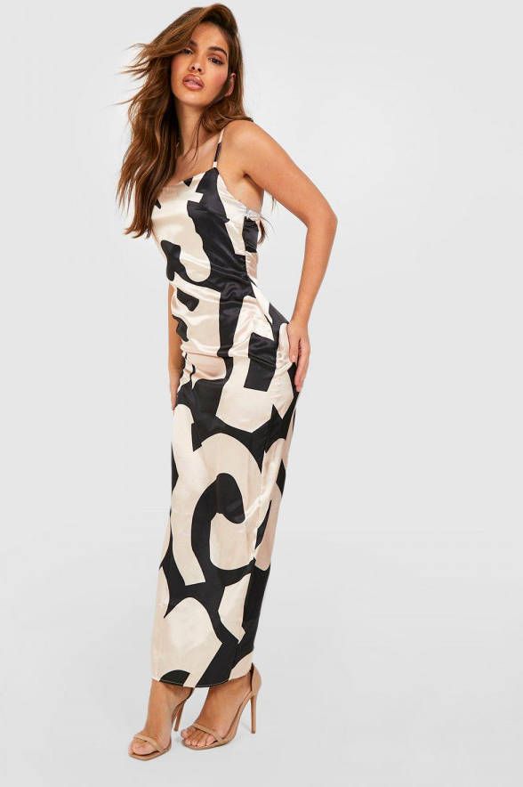 boohoo Maxi Jurk Met Abstracte Print En Bandjes, Black