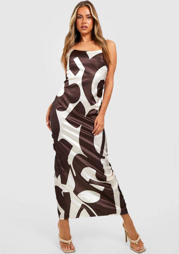 boohoo Maxi Jurk Met Abstracte Print En Bandjes, Chocolate