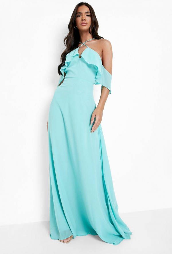 boohoo Maxi Jurk Met Halter Neck En Ruches, Mint