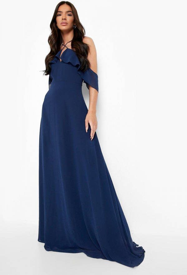 boohoo Maxi Jurk Met Halter Neck En Ruches, Navy