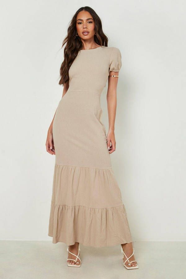 boohoo Maxi Jurk Met Pofmouwen En Laagjes, Stone